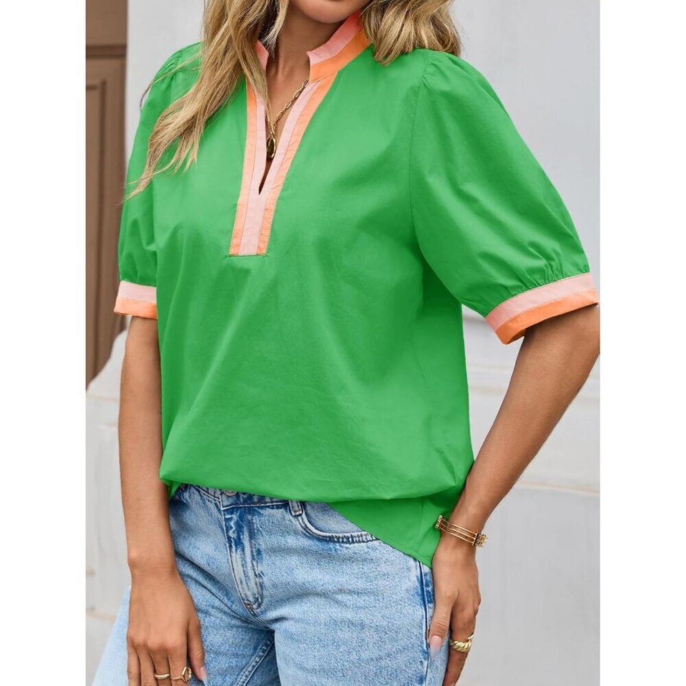 Women's Cotton Color Block Puff Sleeve V-Neck Blouse Casual Dressy Top - Picture 6 of 7
